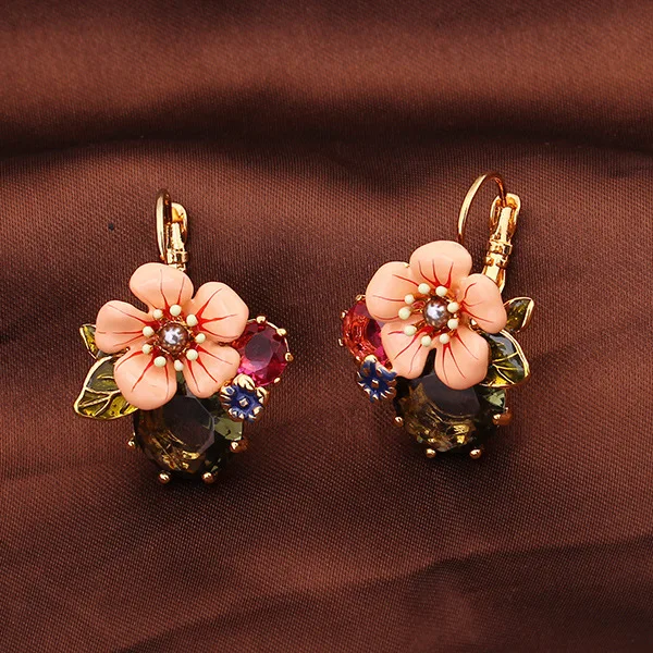 

French Dyxytwe Enamel Pop Jewelries Pink Flowers Green Gem Earrings For Female Romantic Accessories