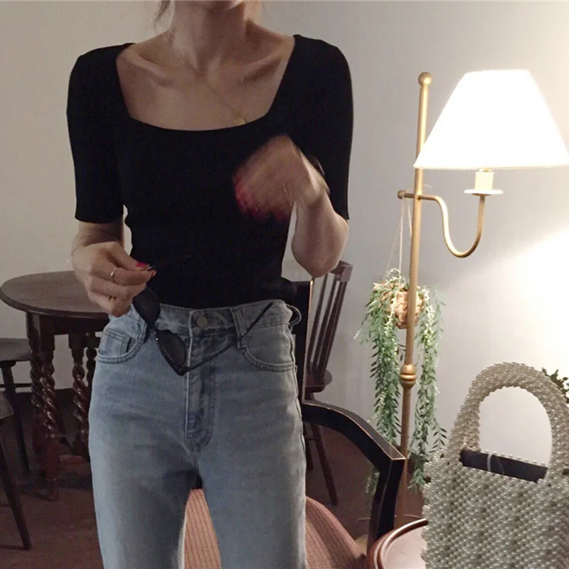 

South Korean Early Spring 100 Sets Of Simple Basic Style Slim Square Collar Long Sleeve Knitted Shirt Woman