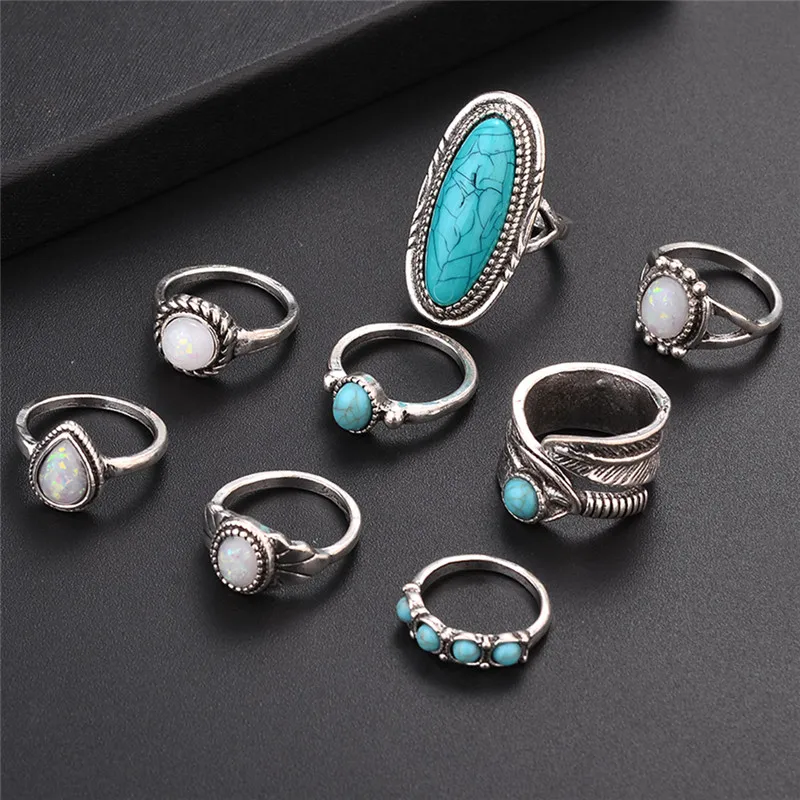 

For Women Retro Antique Silver Color Opals Turquoises Knuckle Ring Bagues Femme 2018 Fashion Bohemia Midi Rings Sets