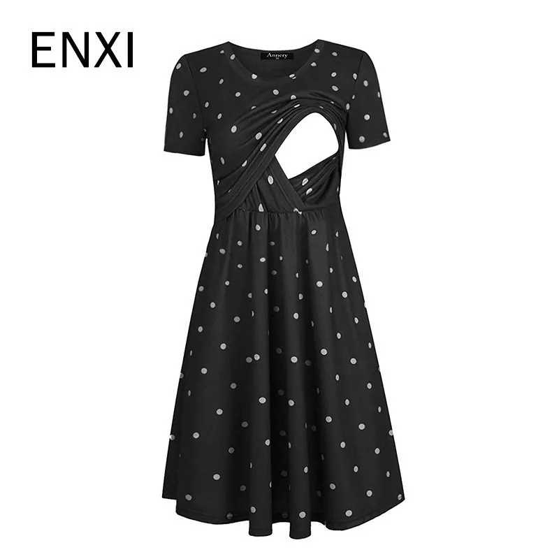 ENXI платья для беременных с круглым вырезом и коротким рукавом в горошек с принтом для кормления грудью длинное платье