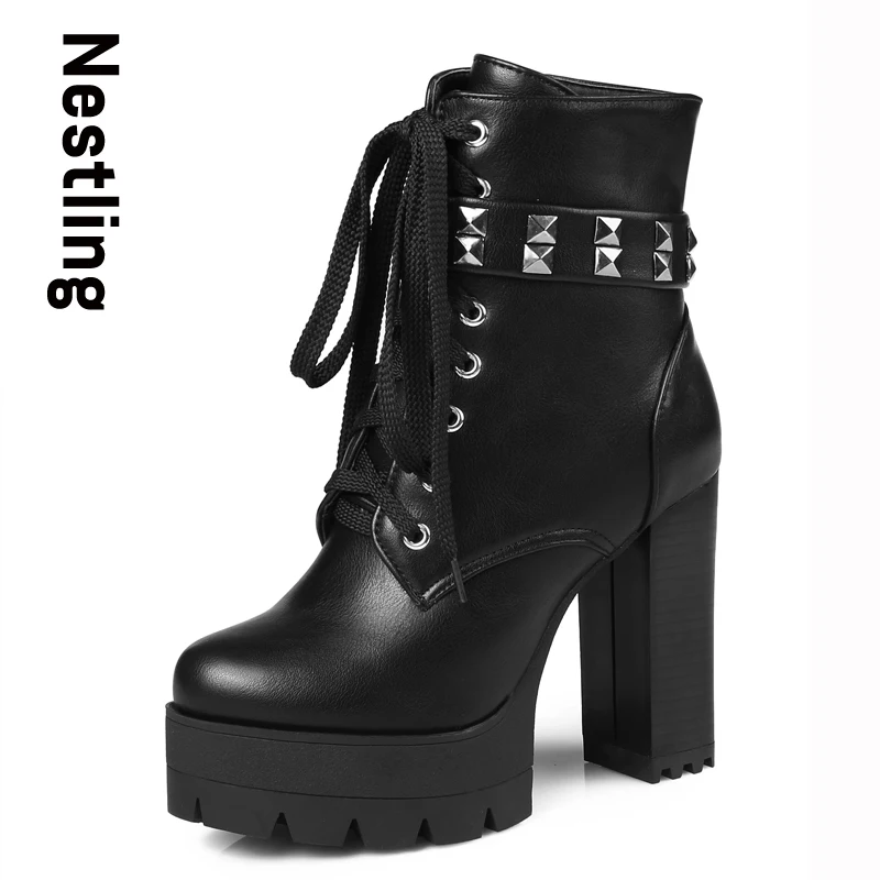 ФОТО New 2016 Autumn Martin Boots Fashion Leather Boots Casual High Heels Platform Shoes Woman Rivets Lace Up Zip Women Boots D35