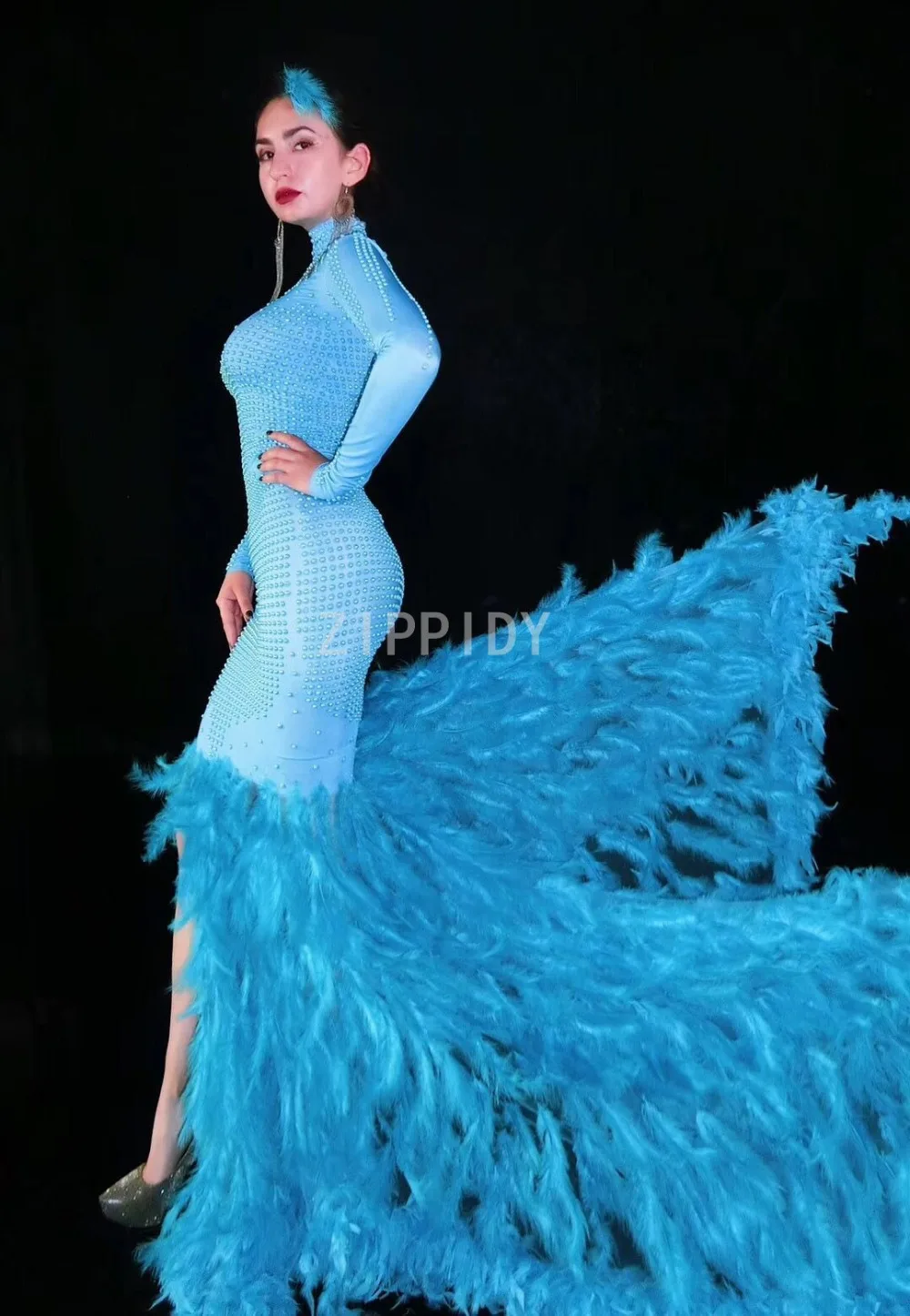 Сексуальное Перо хвоста голубое жемчужное длинное платье для выпускного вечера вечерние танцевальные женские платья день рождения