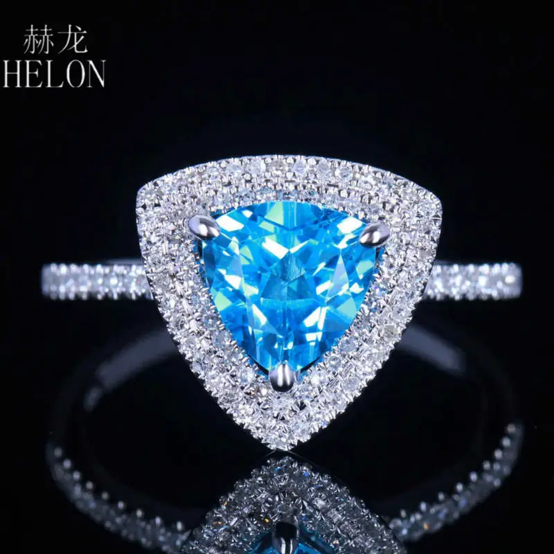 HELON 7x7 мм триллион 1.5ct Голубой топаз кольцо Твердое 14 к белое золото тонкие Алмазы обручальные свадебные кольца красивые ювелирные изделия