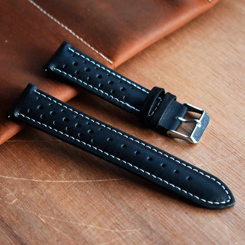 

Women Men Watch Strap Hollow Out Design Breathable Wrist Band Straps 18mm 20mm 22mm 24mm Genuine Leather Watchband Black KZH01
