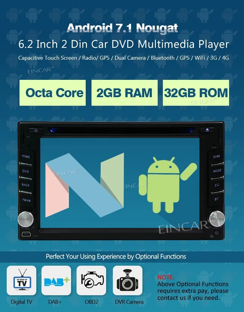 Top Android 7.1 Car Stereo 2Din CD DVD Player GPS Navigator Support Bluetooth 3G/4G WIFI OBD2 DAB+ CAM-In+Free Wireless Rear Camera 1