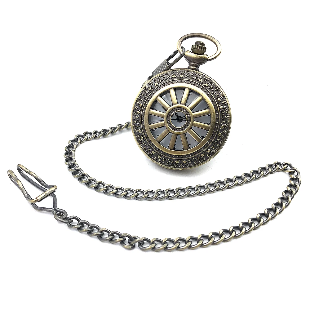 

Bronze Tone Skeleton Steampunk Hollow Case Quartz Movement Mens Pocket Watch w/Chain Half Hunter Watch Nice Gift