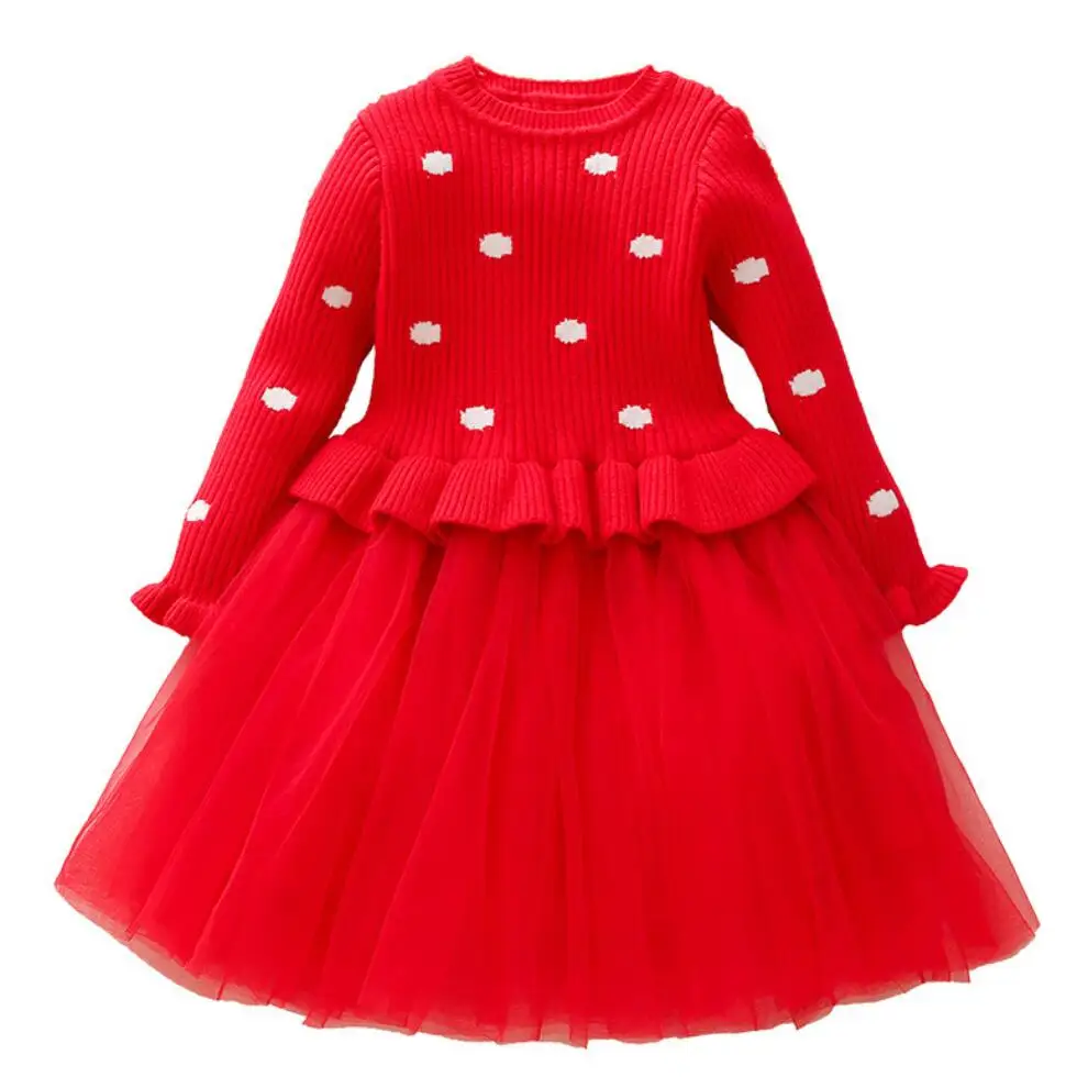 

Thick Warm Girl Dress Christmas Wedding Party Dresses Knitted Voile Winter Kids Girls Clothes dress Dot Children Clothing