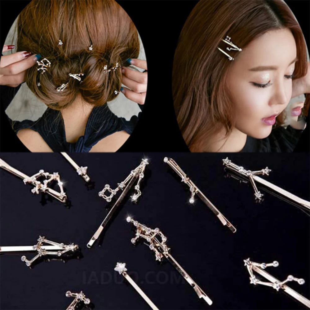 

New Twelve Constellation Crystal Alloy Women Girls Barrettes Hair Clips Cute Simple Hairpins Headwear Fashion Hair Accessories