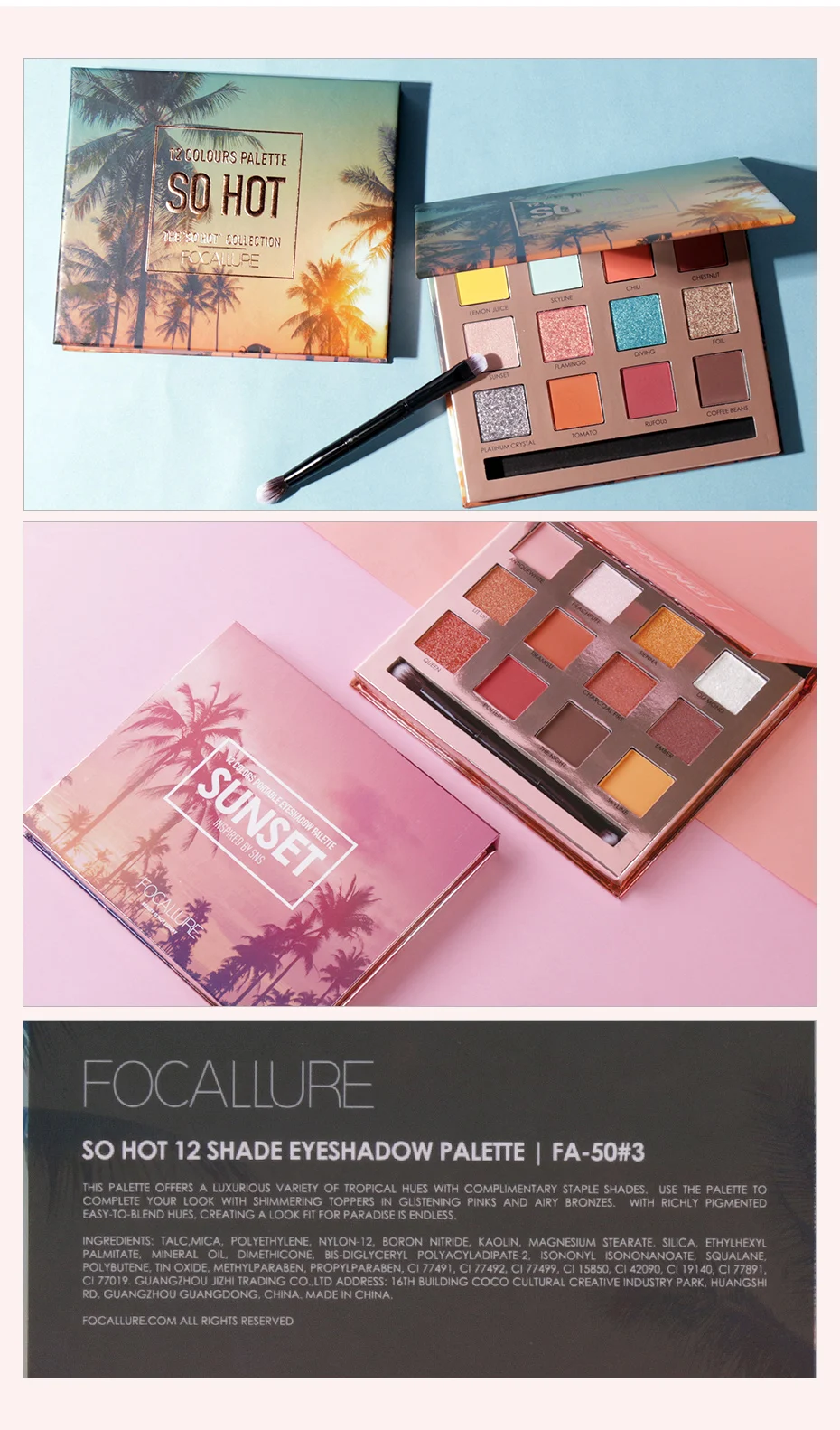 FOCALLURE 12Colors Eyeshadow Palette Glitter Shades High Pigment Eye Makeup Nude Eye Shadow Palette