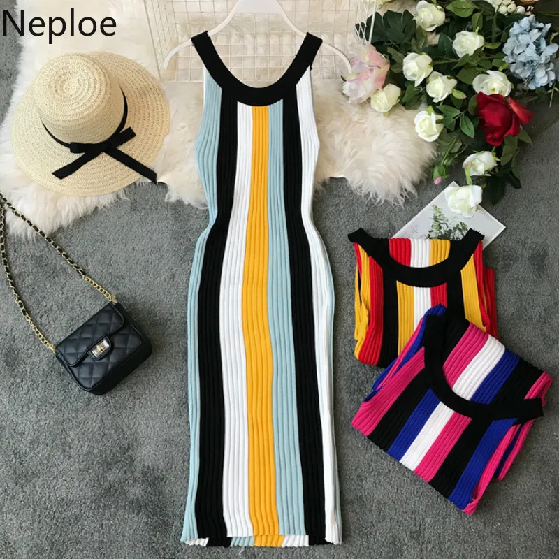 

Neploe Striped Fashion Women Dresses 2019 Summer Robe Femme Bodycon Sweater Dress Sleeveless Stretch Knitted Vestidos 44237