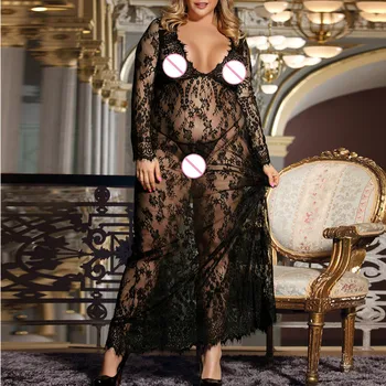 

Plus Size Nightgowns Sexy Women Negligee Nightie Lingerie Lace Beautiful Black Lingerie Long Dress Ropa De Mujer Dropship #1112