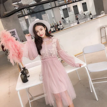 

2018 Spring New Mesh Midi Dress Ukraine Sweet Lace Lantern Sleeve Women's Clothings Fashion Long Sleeve Dresses For Women