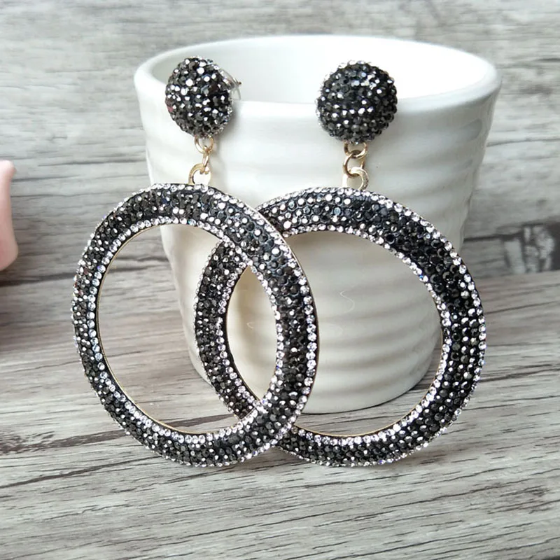 

4 Pairs round shape big charm handmade pave Black rhinestone dangle earring for women ER357
