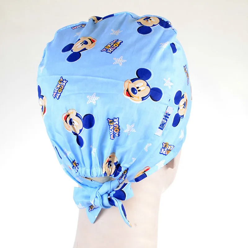 Больничная хирургическая Кепка для женщин и мужчин, дизайнерские шапочки для медсестры, форма, регулируемая синяя с рисунком Микки, хлопковые медицинские шапочки для доктора красоты