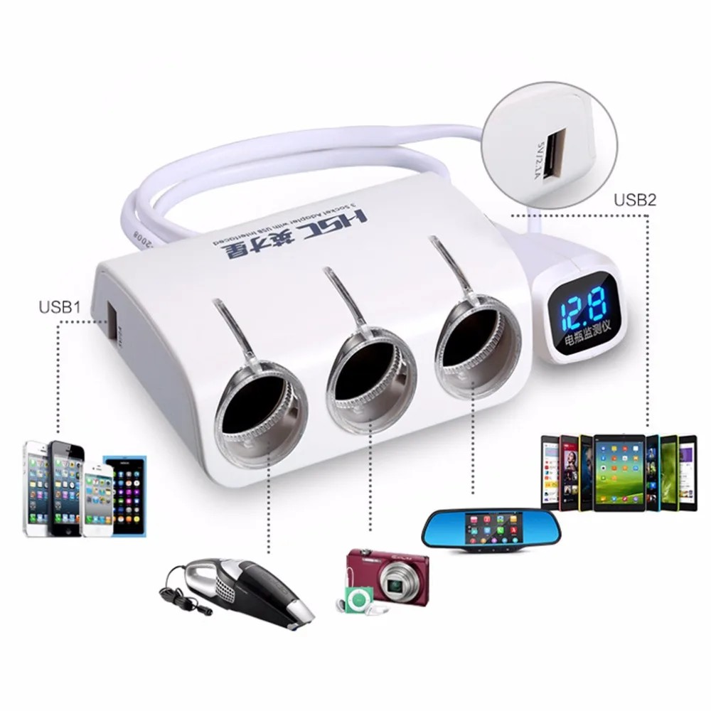 HSC Automobiles 3 Sockets Way Car Styling Cigarette Lighter Splitter Power Adapter Dual 2 USB Car Charger For Iphone For Samsung