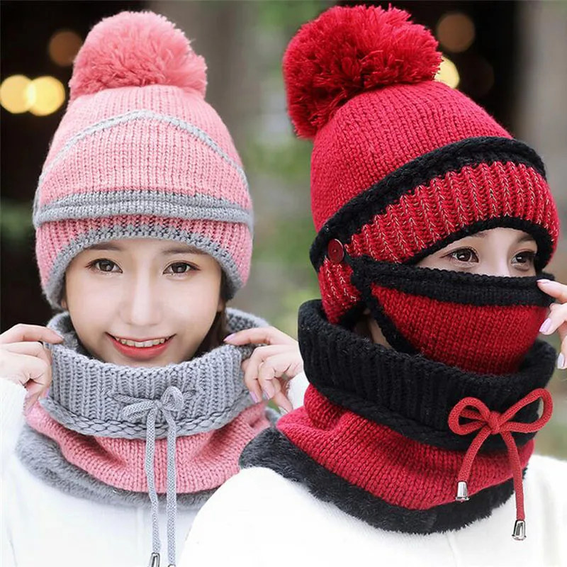 Зимняя шапка шарф и маска комплект из 3 предметов толстые теплые трикотажные Кепки для Для женщин
