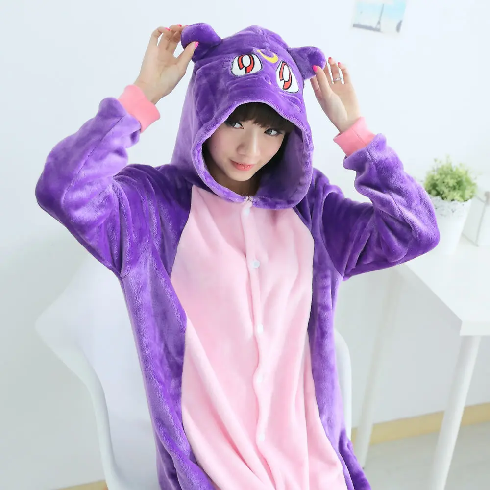 Adult Unisex Winter Flannel fleece Luna cat Onesies Pajamas Sleepwear Halloween Costume for