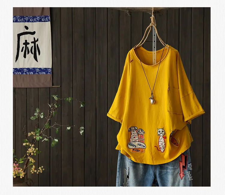 Cute cartoon kitty stitch Shoulder hole o-neck t-shirt tee mori girl summer
