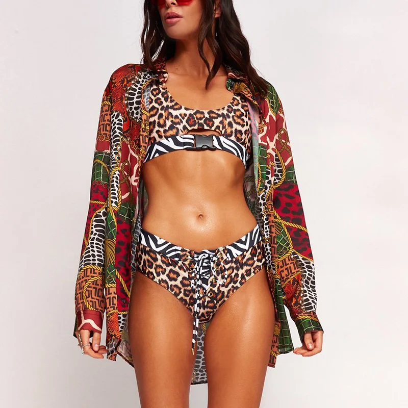 

New 2019 Leopard Buckle high waist bikini Women Bandeau String Swimsuit Female swimwear Two pieces Bikini set Sexy bathing suit