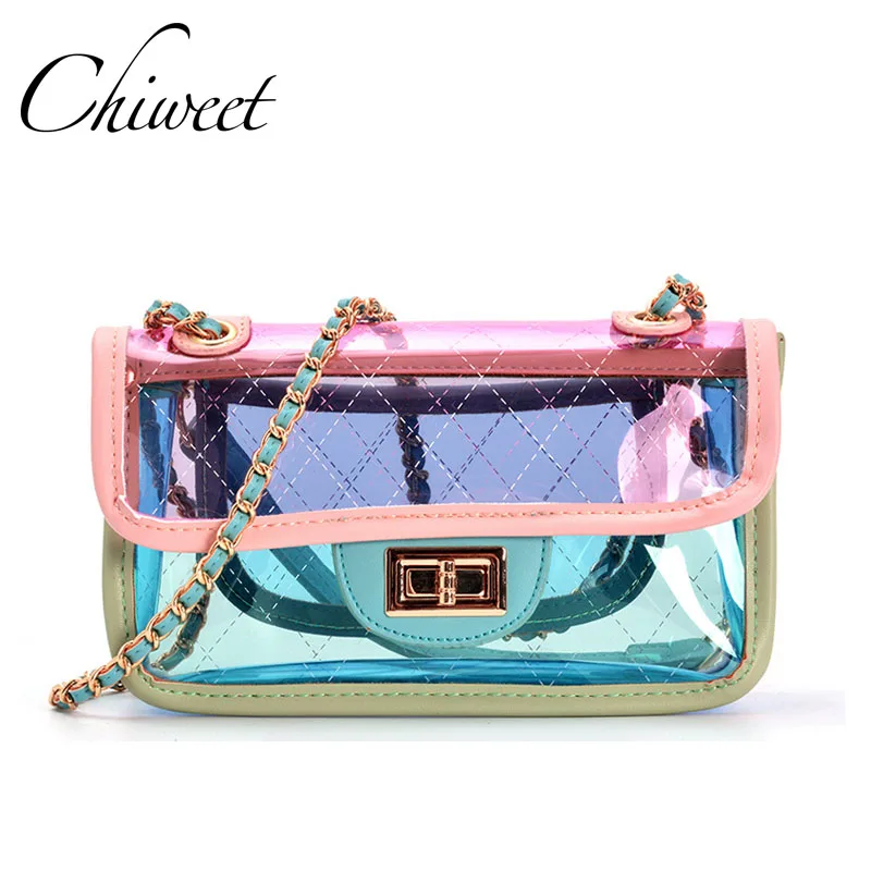 

Luxury Handbag Women Rainbow Transparent Beach Bag Designer High Quality Jelly Bag Famous Brand Panelled Messenger Shoulder Bags