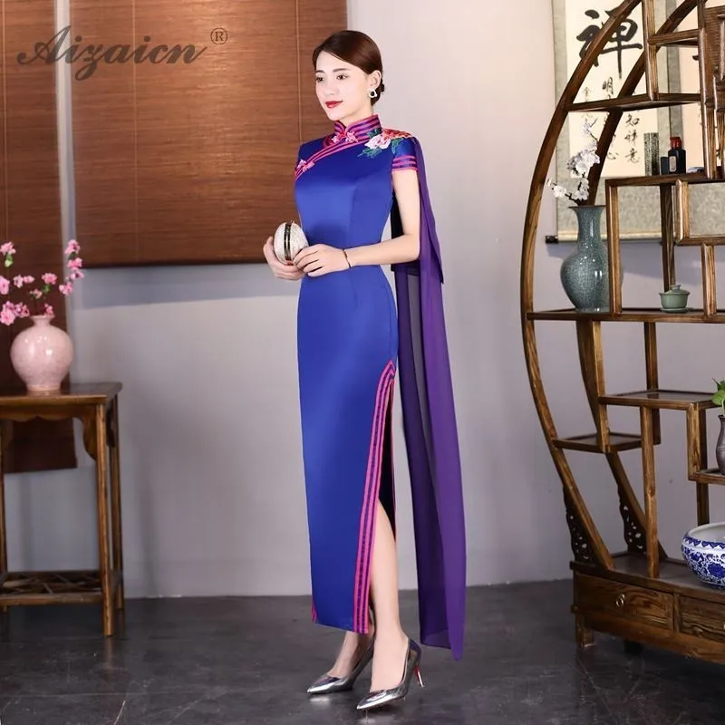 

Orientale Retro Embroidery Cheongsam Long Dresses Chinoise Stage Show Gown Qi Pao Chinese Traditional Clothing Satin Dress Qipao