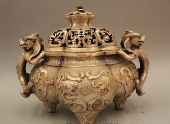 

8" Marked Chinese China Silver Dragon Foo Fu Dog Statue Incense Burner Censer