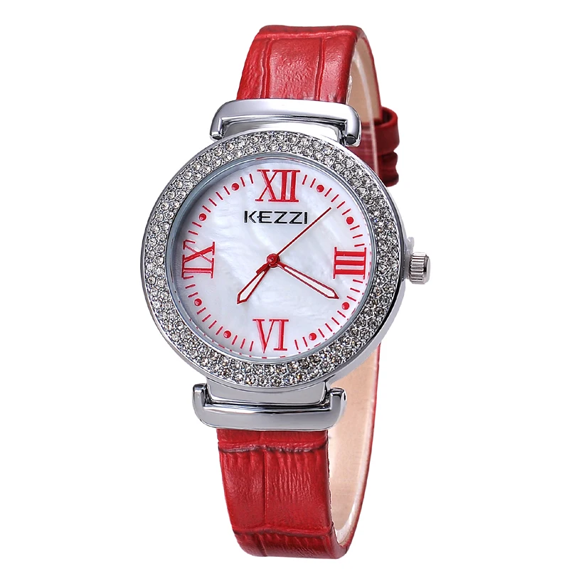 

BSL826 Roman Numerals Brand KEZZI Women Wrist Watch Gold Case Shiny Crystal Ladies Watch Leather Quartz Water Resistant Watch