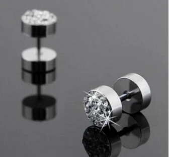 

8 mm Punk Black/Silver Men's Barbell Stainless Steel Crystal rhinestone Ear Studs Earrings For Women Jewelry 2 Colors