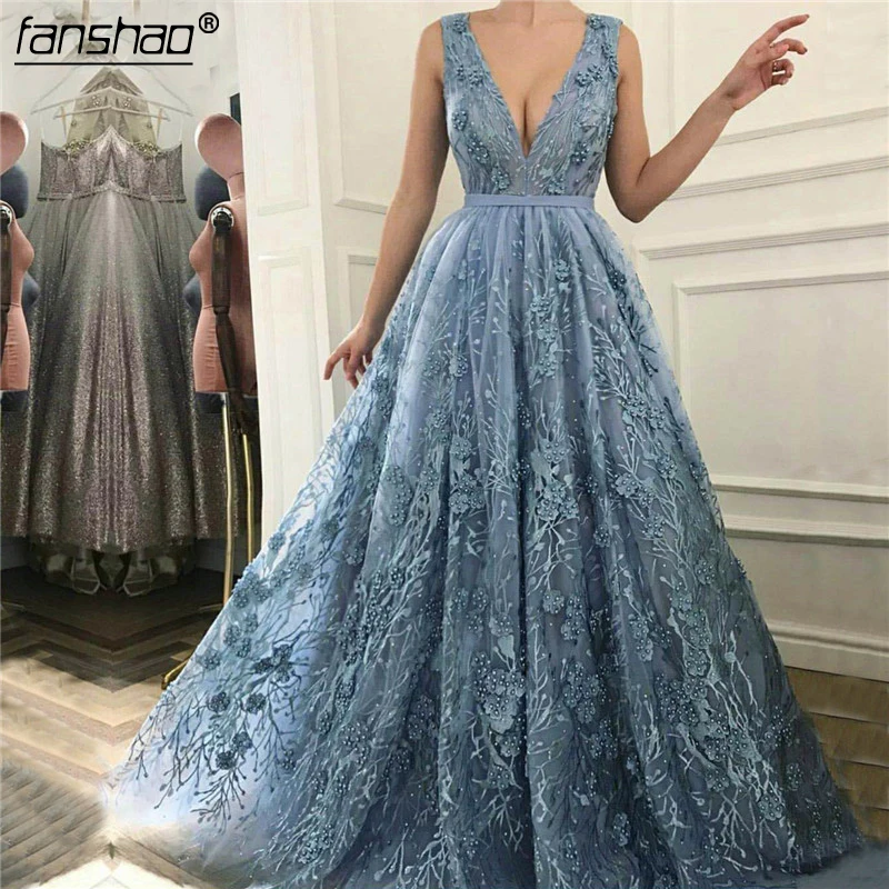 

Blue Muslim Evening Dresses Top Quality Lace Pearls V-Neck Illusion Dubai Saudi Arabic Evening Gown Prom Dress