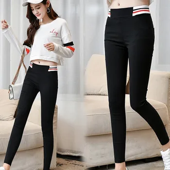 

Autumn Women's pantalon femme Striped Female Elastic High Waist pencil Pants for Women Plus Size S-2XL female Trousers