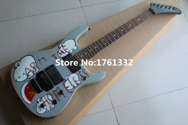 

Wholesale Factory custom ARM THE HOMELES silver gray floyd rode electric guitar with cartoon pattern,can be customized