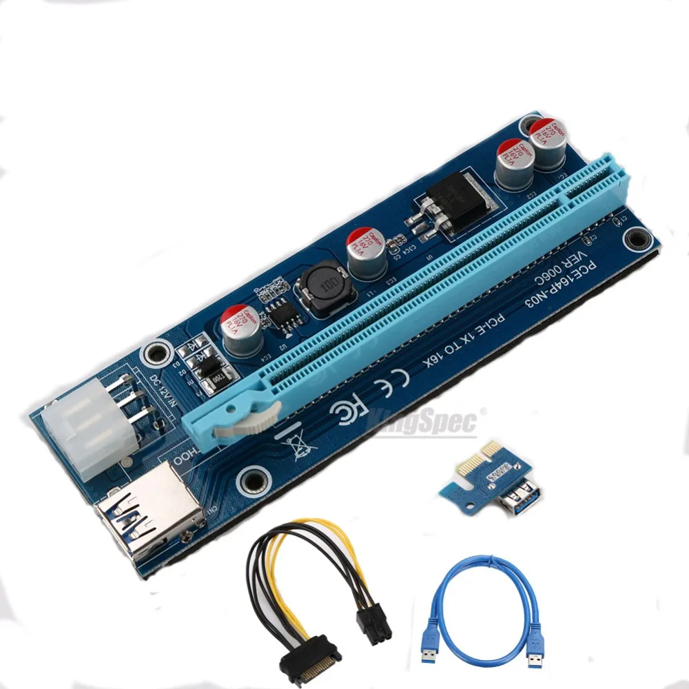 VER006C PCI-E 1x to 16x Mining Machine Enhanced Extender Riser Card Adapter with 60cm(2 feet) USB 3.0 & SATA Power Cable