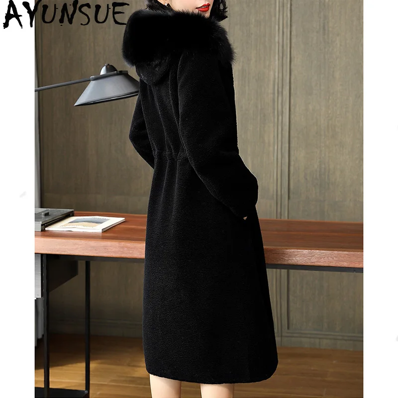 

AYUNSUE Natural Sheep Shearling Fur Coat 2019 Winter Jacket Women Fox Fur Collar Wool Coats and Jackets Women Plus Size MY3593