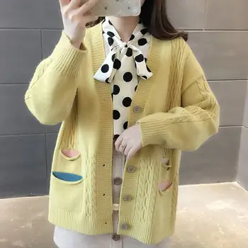 

2019 New Autumn Women V-neck Oversize Knitted Cardigan Sweater Casaco Female Korean Style Tricot Coat Causal Crochet Tops K40