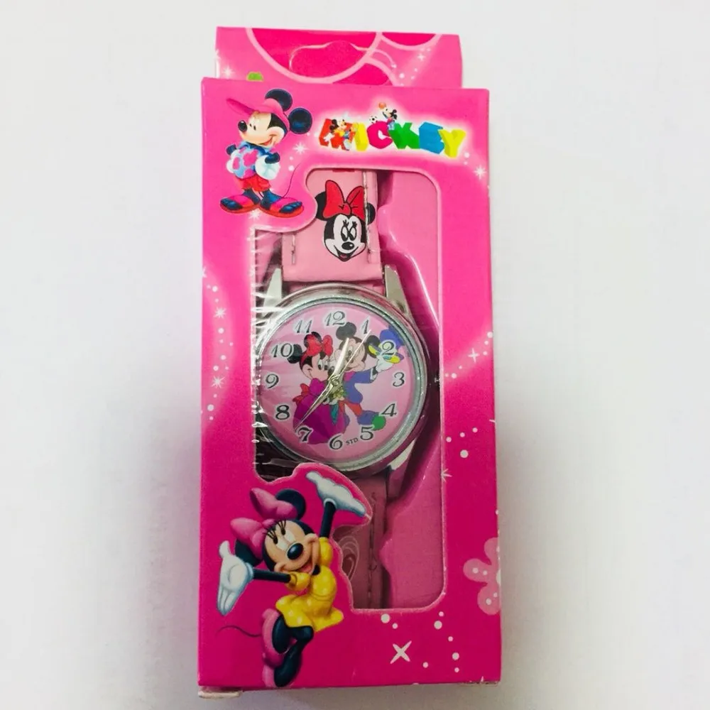 Детские часы с героями мультфильмов, Человек-паук, автомобиль, Микки, Минни, детские часы с кожаным ремешком, кварцевые детские часы, подарок на Рождество для девочек и мальчиков - Цвет: Random Minnie