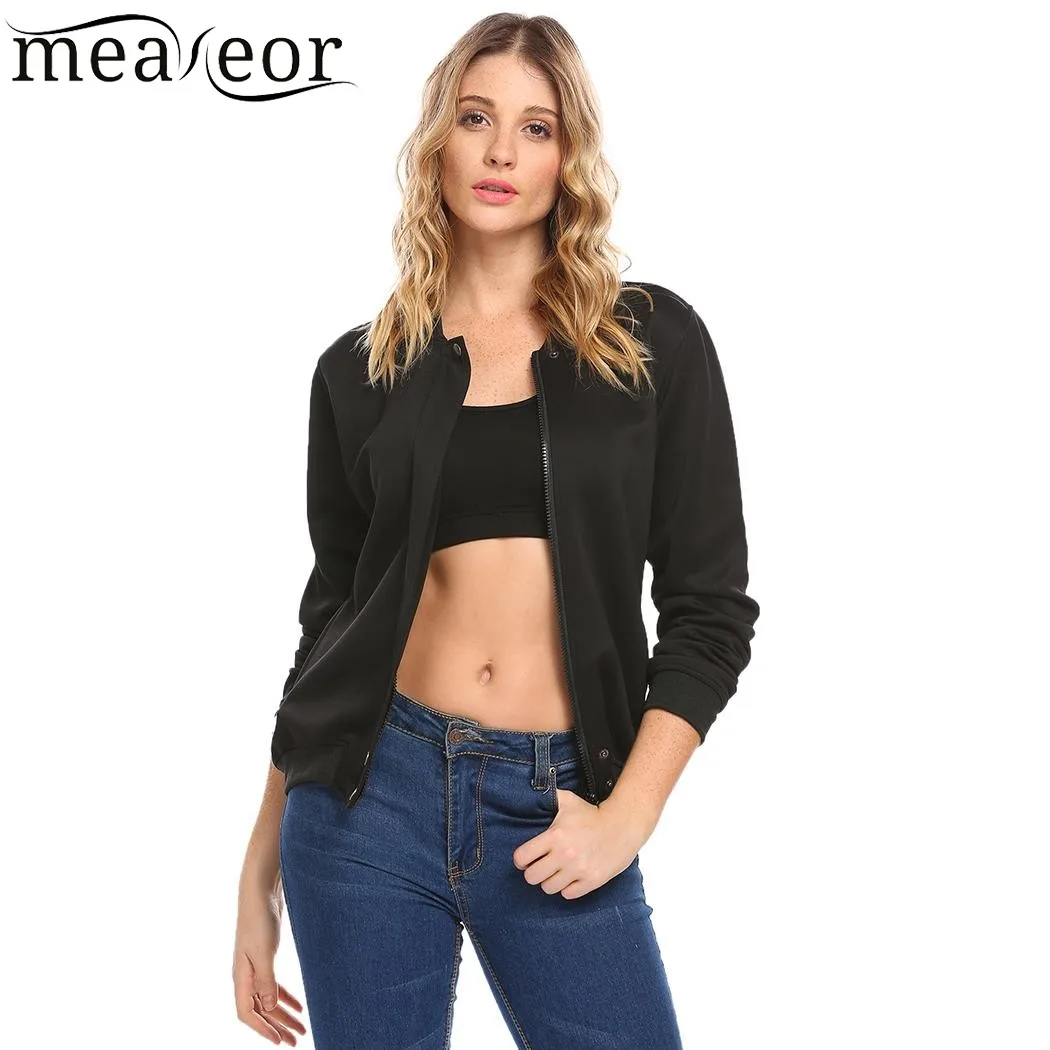 Meaneor Women Fashion Baseball Bomber Jacket Casual Long Sleeve Solid Zipper Jackets Coats 