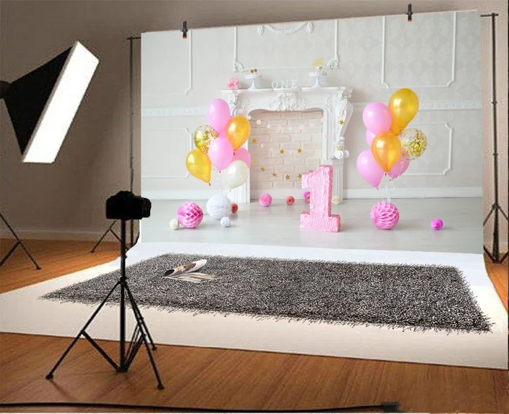 Laeacco Baby 1st Birthday Balloons Flowers Cake Gift Fireplace Background Customized Photographic Backdrop For Photo Studio