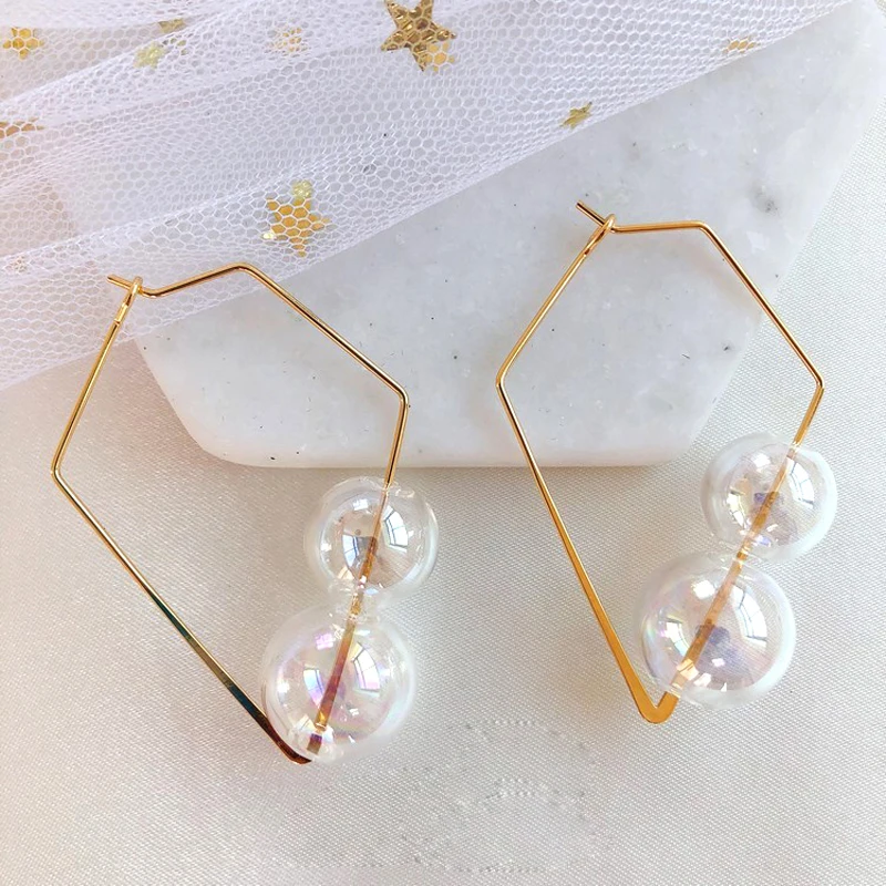 Шикарные Пузырьковые корейские серьги для женщин дизайн Dreamlike INS короткие латунные двойные стеклянные шарики квадратные серьги-кольца