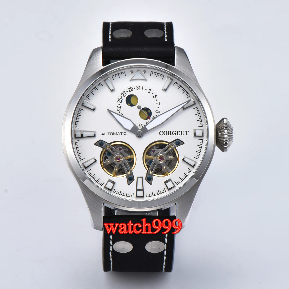 47mm Corgeut flywheel Mechanical Automatic Mens Watch white dial Date Luminous Leather strap watch men 47mm Corgeut flywheel Mechanical Automatic Mens Watch white dial Date Luminous Leather strap watch men