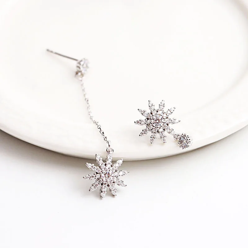 Sun flower cz асимметричные серьги 100% стерлингового серебра 925 пробы ювелирные изделия