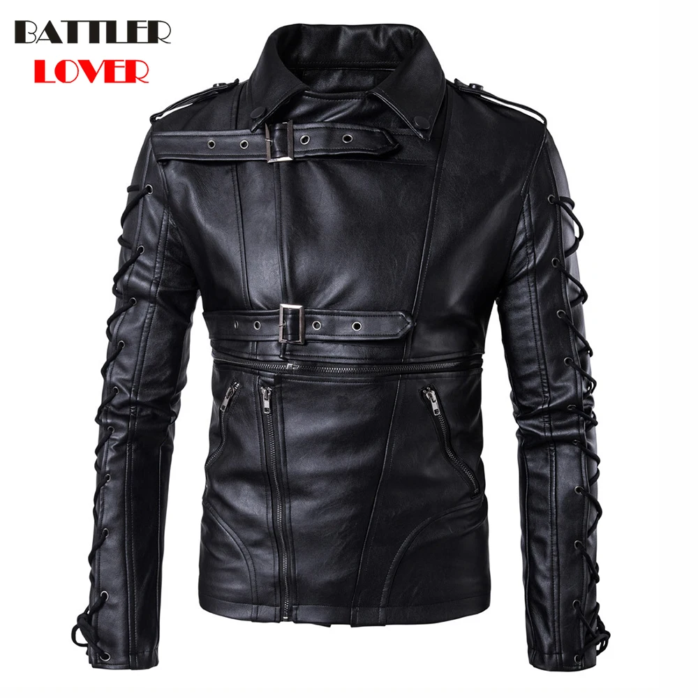 High Quality Leather Punk Jackets Men Bomber Bandage Winter Motorcycle Jacket Man Leather Windbreaker Motor Biker Hombre Coat