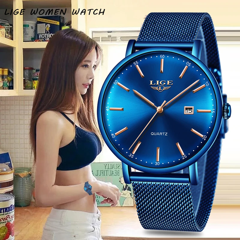 

LIGE2019 new blue stainless steel business women's watch simple casual sports watch mesh with ultra-thin waterproof quartzclock