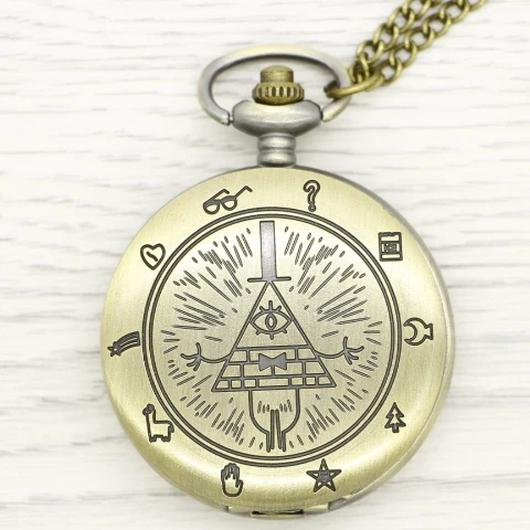 

Retro Vintage Bronze Bill Cipher Gravity Falls Quartz Pocket Watch Analog Pendant Necklace Men Women Watches Chain Gift