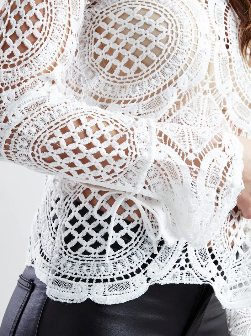 

hollow out o-neck petal sleeve lace long sleeve blouse embroidered