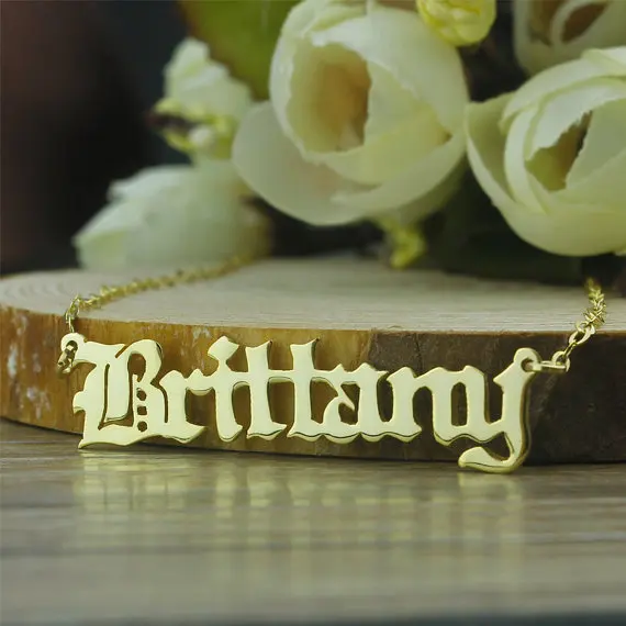 

Old English style nameplate necklace 925 sterling silver gold plated jewelry