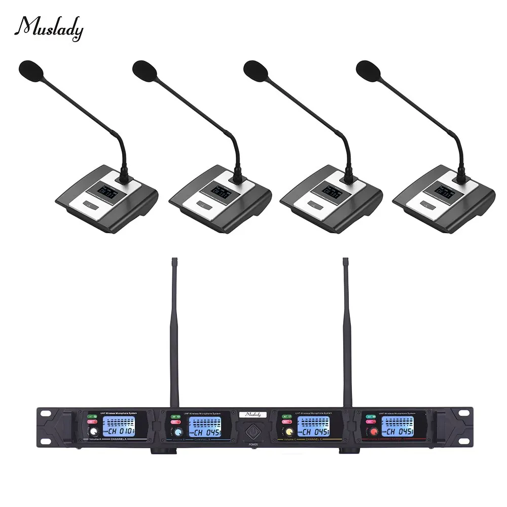 Muslady D2 المهنية 4-قناة UHF اللاسلكية نظام مكبر صوت للمؤتمرات 6.35 مللي متر و مخرجات XLR هوائي مزدوج
