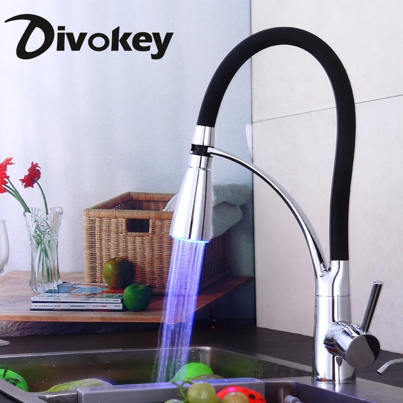 

LED Kitchen Faucets with Rubber Design Chrome Mixer Faucet for Kitchen Single Handle Pull Down Deck Mounted Crane for Sinks