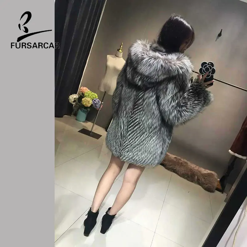 FURSARCAR With Hood Real Fur Coat Women Winter Warm Fur Outwear 70cm Long Full Sleeve Genuine Leather Silver Fox Fur Jacket