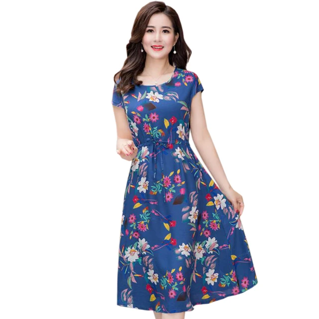 2018 New Women Dress fashion casual knee-length dress Elegant printing O-neck A-line Vestidos women spring summer party dress