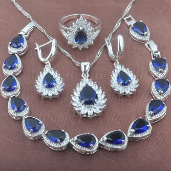 

2020 New Band Blue Zirconia Silver Color Women's Jewelry Set Bracelet Necklace Pendant Earrings Ring YZ0394